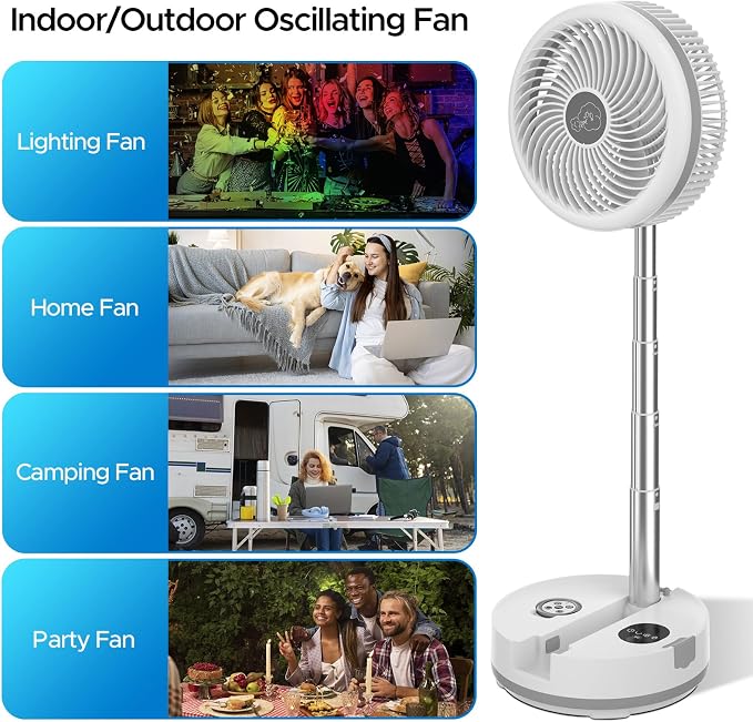 10.43'' Portable Pedestal Standing Fan, 40000mAh 106hrs Rechargeable Oscillating Fan with Remote/1-8H Timer, RGB Lighting
