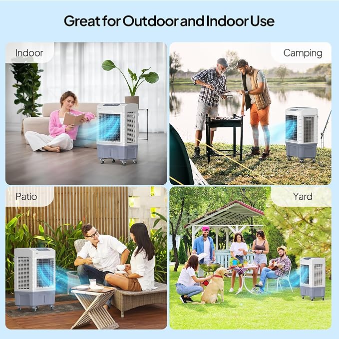 10.5Gal Portable Swamp Cooler, 2600CFM Evaporative Air Cooler with Auto Oscillating, Remote, 3 Speeds, 7.5H Timer & 4 Ice