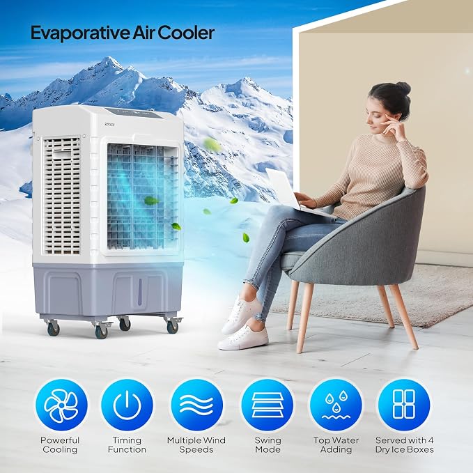 10.5Gal Portable Swamp Cooler, 2600CFM Evaporative Air Cooler with Auto Oscillating, Remote, 3 Speeds, 7.5H Timer & 4 Ice