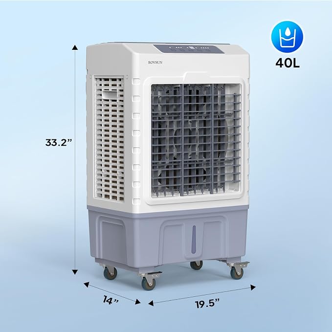 10.5Gal Portable Swamp Cooler, 2600CFM Evaporative Air Cooler with Auto Oscillating, Remote, 3 Speeds, 7.5H Timer & 4 Ice