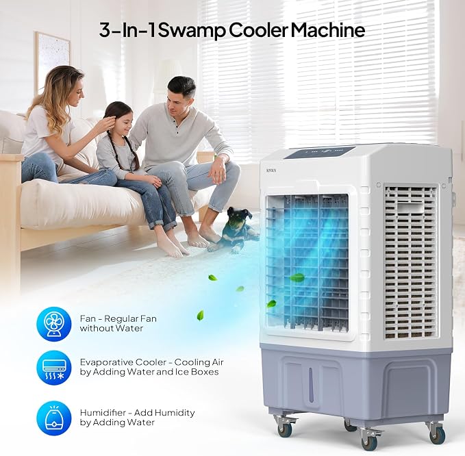 10.5Gallon Evaporative Air Cooler, 2600CFM Portable Swamp Cooler with Remote Control, Oscillation, 3 Speeds, 7.5H Timer & 40L