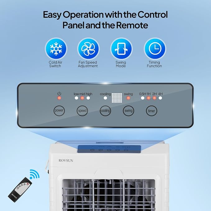 10.5Gallon Evaporative Air Cooler, 2600CFM Portable Swamp Cooler with Remote Control, Oscillation, 3 Speeds, 7.5H Timer & 40L