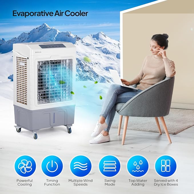10.5Gallon Evaporative Air Cooler, 2600CFM Portable Swamp Cooler with Remote Control, Oscillation, 3 Speeds, 7.5H Timer & 40L
