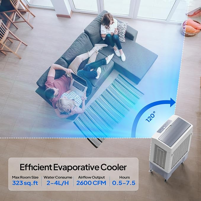 10.5Gallon Evaporative Air Cooler, 2600CFM Portable Swamp Cooler with Remote Control, Oscillation, 3 Speeds, 7.5H Timer & 40L