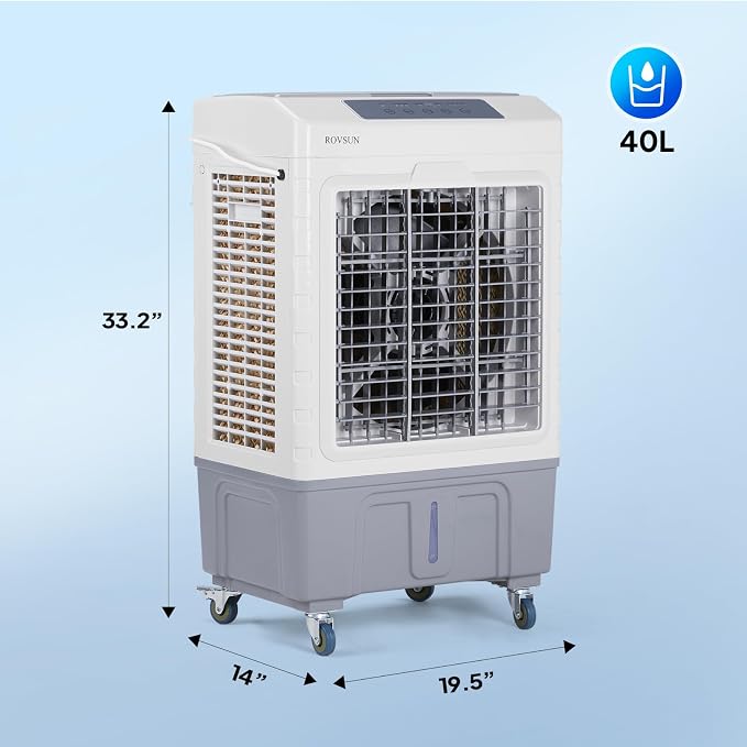 10.5Gallon Evaporative Air Cooler, 2600CFM Portable Swamp Cooler with Remote Control, Oscillation, 3 Speeds, 7.5H Timer & 40L