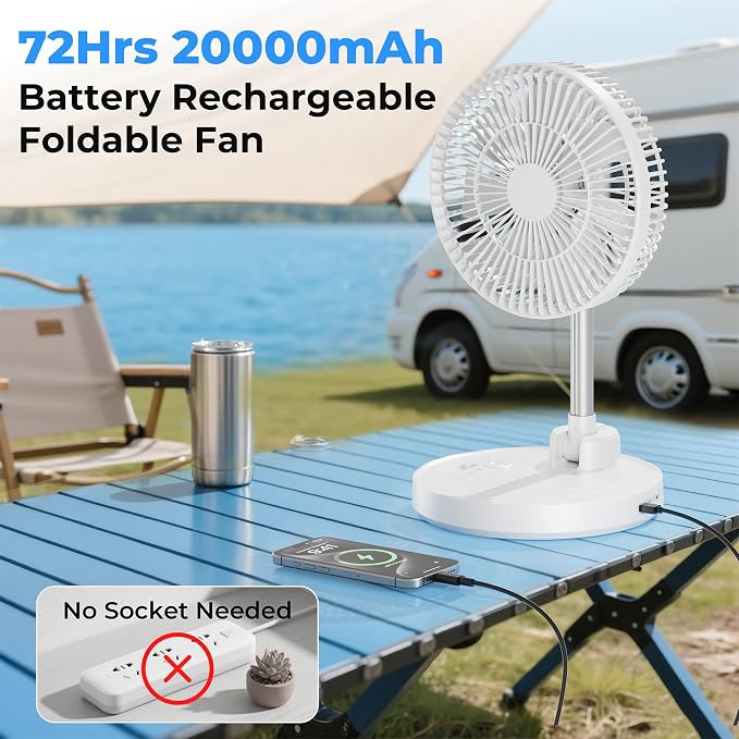 10'' Foldable Oscillating Fan, 20000mAh Rechargeable, Remote & Timer, Height Adjustable Portable Standing Fan, Quiet for