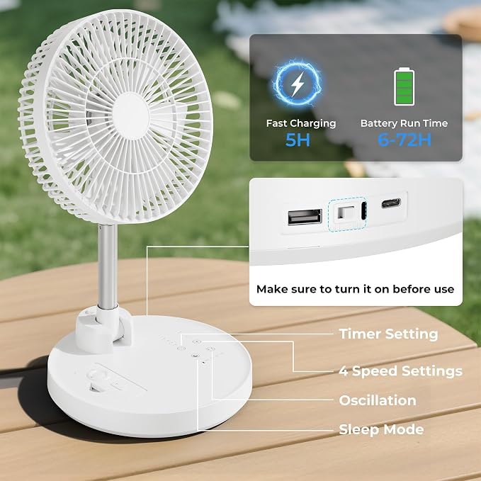 10'' Foldable Oscillating Fan, 20000mAh Rechargeable, Remote & Timer, Height Adjustable Portable Standing Fan, Quiet for