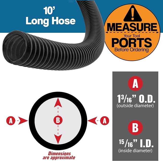 10 Foot Long Dust Collection Power Tool Hose Kit for Multiple Types/Brands of Power Tools and Work Shop Vacuums with Threaded