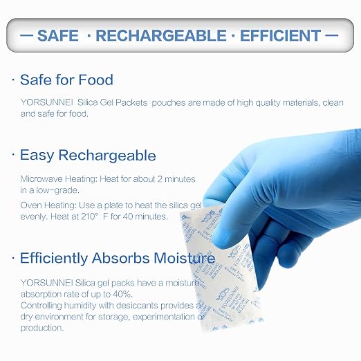 10 Gram Silica Gel Packets, Reusable Desiccant Packs for Storage, Rechargeable Moisture Absorber Food Grade, alternate view 3