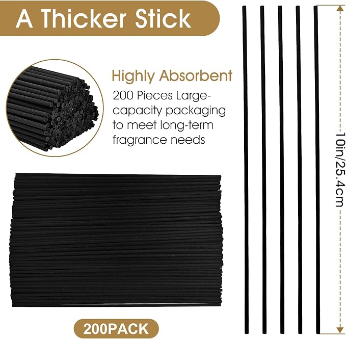 10-Inch Black Reed Diffuser Sticks - 200Pack Fiber Aromatherapy Reeds for Essential Oil, Home, Office and Spa - Diffuser