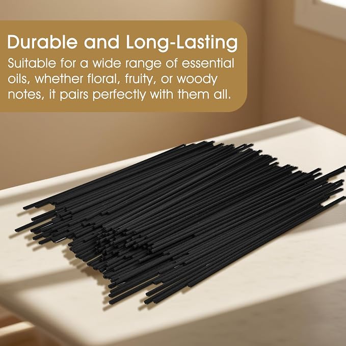 10-Inch Black Reed Diffuser Sticks - 200Pack Fiber Aromatherapy Reeds for Essential Oil, Home, Office and Spa - Diffuser