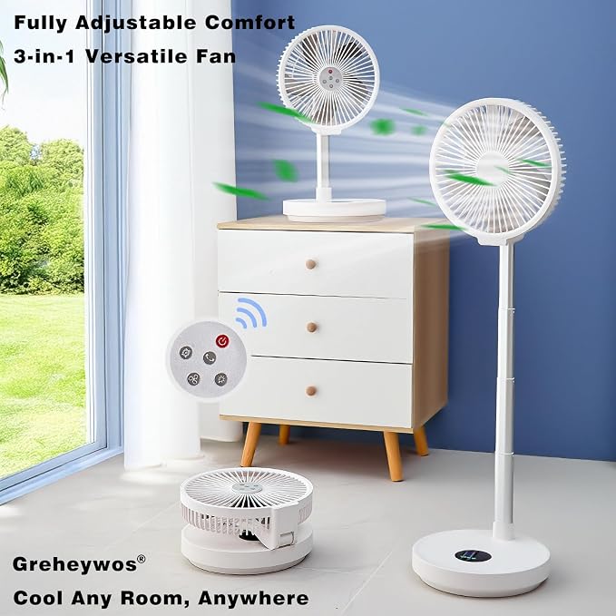 10 inch Foldable Rechargeable Oscillating Fan, 7200mAh Battery Operated Standing Fan with Remote, 6 Speeds and timing