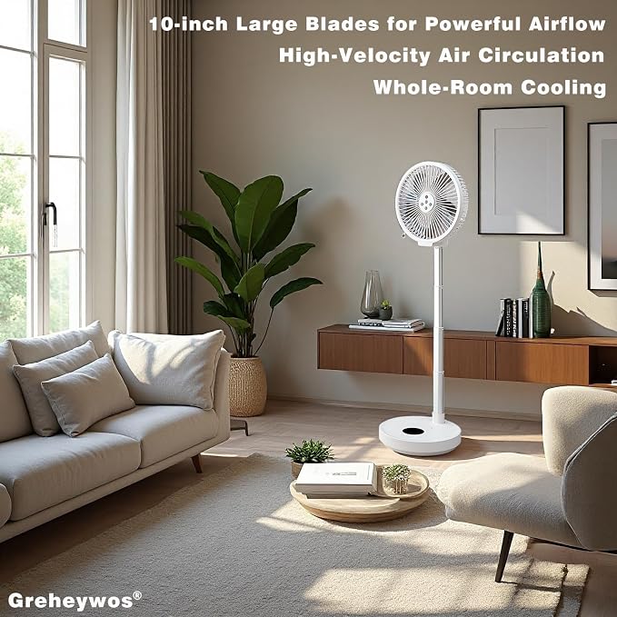 10 inch Foldable Rechargeable Oscillating Fan, 7200mAh Battery Operated Standing Fan with Remote, 6 Speeds and timing