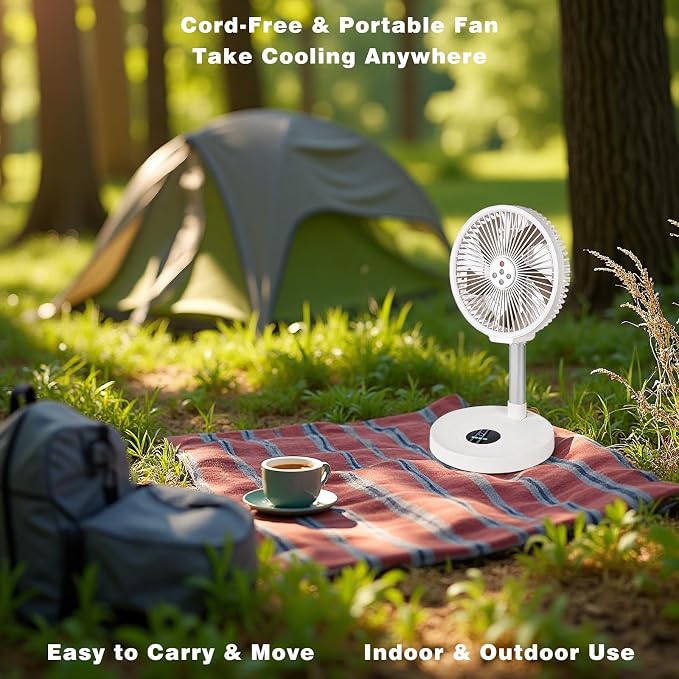10 inch Foldable Rechargeable Oscillating Fan, 7200mAh Battery Operated Standing Fan with Remote, 6 Speeds and timing