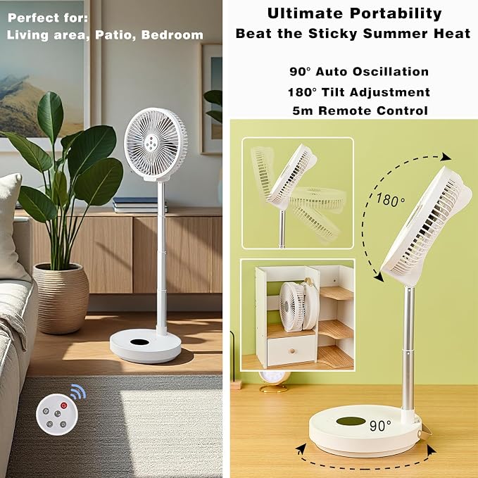 10 inch Foldable Rechargeable Oscillating Fan, 7200mAh Battery Operated Standing Fan with Remote, 6 Speeds and timing