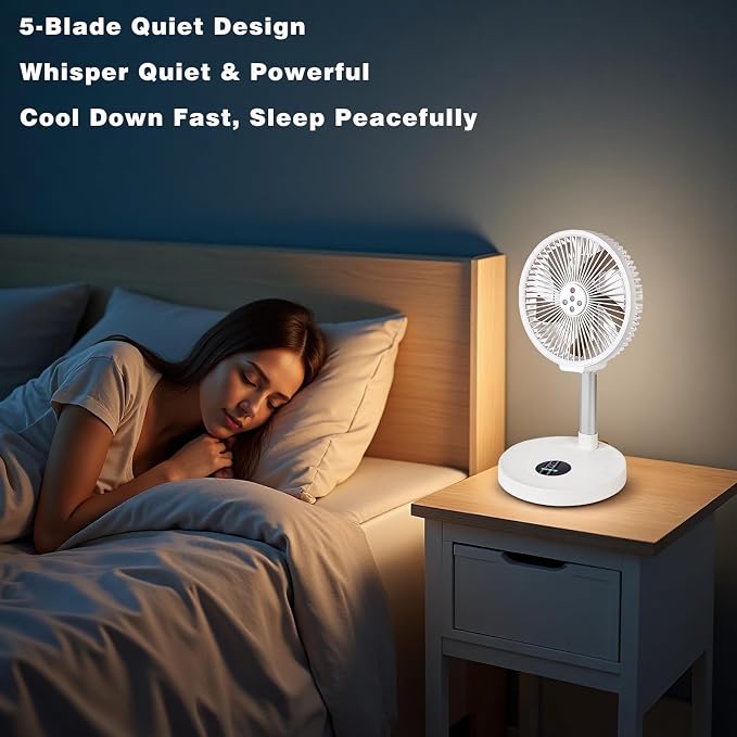 10 inch Foldable Rechargeable Oscillating Fan, 7200mAh Battery Operated Standing Fan with Remote, 6 Speeds and timing