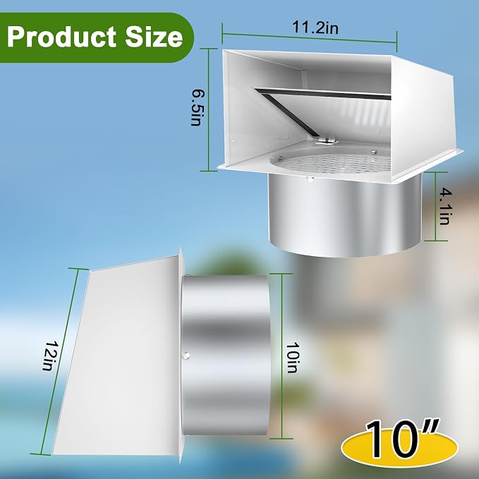 10 Inch Hooded Wall Vent, Dryer Wall Vent Cover Outside with Screen and Damper, Wall Exhaust Vent Cover, Outdoor Air Vent Cap