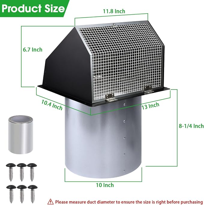10 Inch Hooded Wall Vent with Screen and Damper,Outdoor Wall Exhaust Vent Cover Cap for Kitchen Range Hood HVAC Duct Dryer