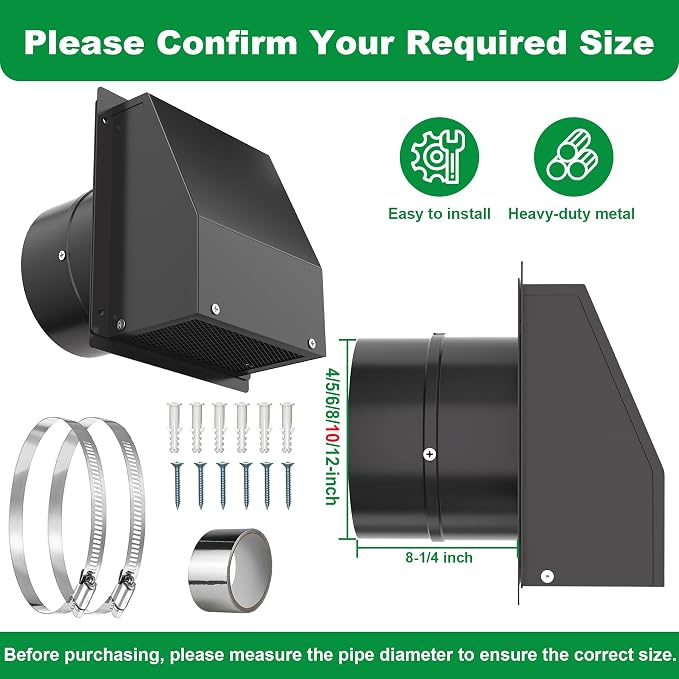 10 Inch Hooded Wall Vent with Screen and Damper, Outdoor Wall Exhaust Vent Cover Cap for Residential Housing, alternate view