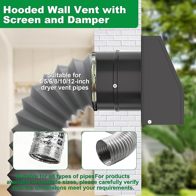 10 Inch Hooded Wall Vent with Screen and Damper, Outdoor Wall Exhaust Vent Cover Cap for Residential Housing, alternate view