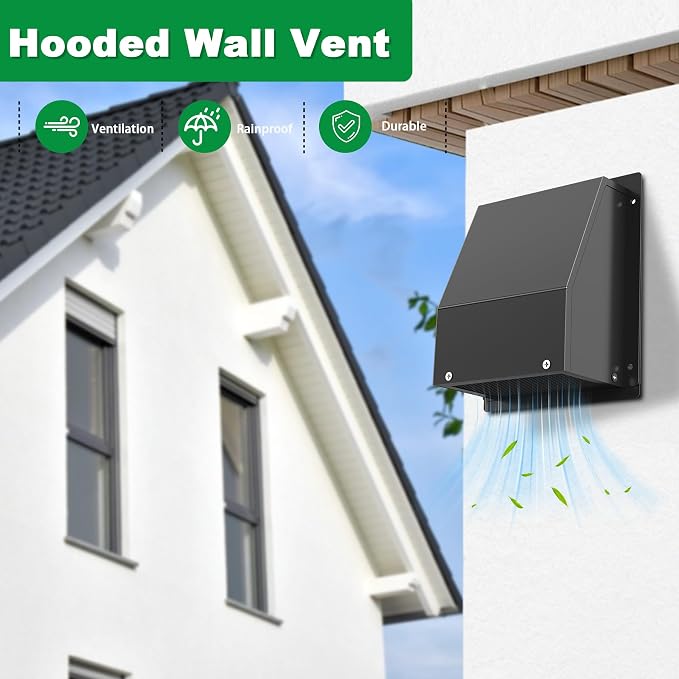 10 Inch Hooded Wall Vent with Screen and Damper, Outdoor Wall Exhaust Vent Cover Cap for Residential Housing, alternate view