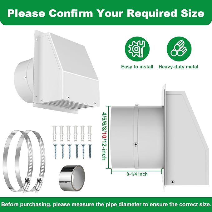 10 Inch Hooded Wall Vent with Screen and Damper, Stainless Steel Wall Vent Exhaust Vent Cover, Exhaust Exterior, alternate