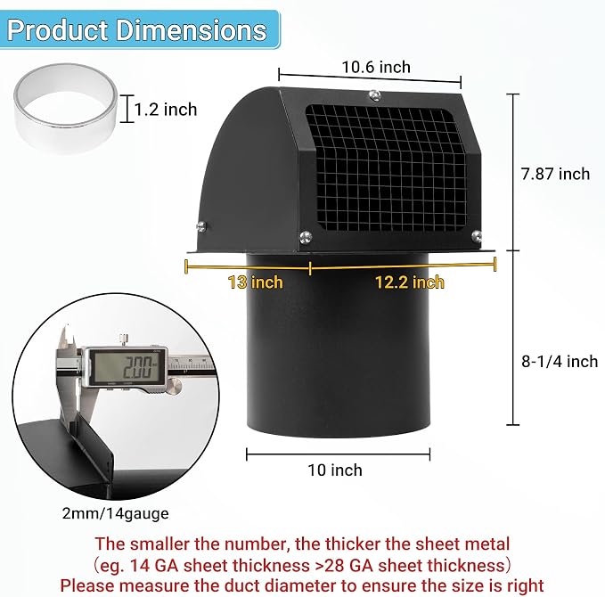 10 Inch Hooded Wall Vent with Screen, Damper, 8-1/4" Length Duct, 14 Gauge Steel Vent Covers for Wall, Wall Vent Cover for