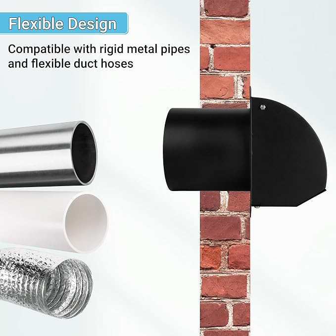 10 Inch Hooded Wall Vent with Screen, Damper, 8-1/4" Length Duct, 14 Gauge Steel Vent Covers for Wall, Wall Vent Cover for