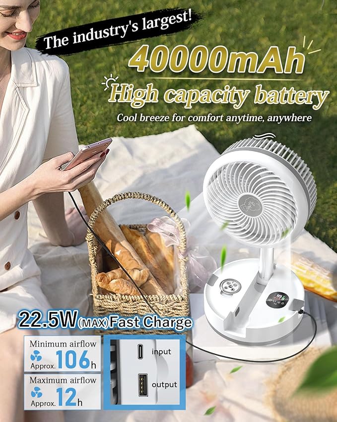 10 inch Portable Fan-Battery Operated Fan, Oscillating Rechargeable Fan with 40000mAh, Remote Control LED Lights, 114HR Run