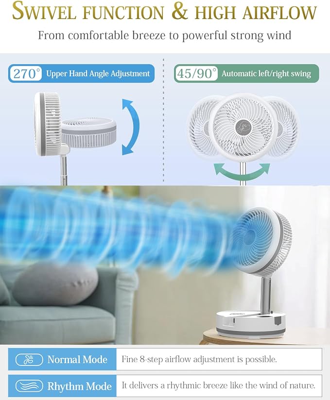 10 inch Portable Fan-Battery Operated Fan, Oscillating Rechargeable Fan with 40000mAh, Remote Control LED Lights, 114HR Run