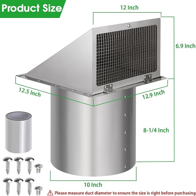 10 Inch Wall Vent Exhaust Vent Cover,Hooded Wall Vent with Screen and Damper,Outdoor Wall Exhaust Vent Cap Exterior Air Vent