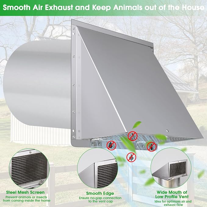 10 Inch Wall Vent Exhaust Vent Cover,Hooded Wall Vent with Screen and Damper,Outdoor Wall Exhaust Vent Cap Exterior Air Vent