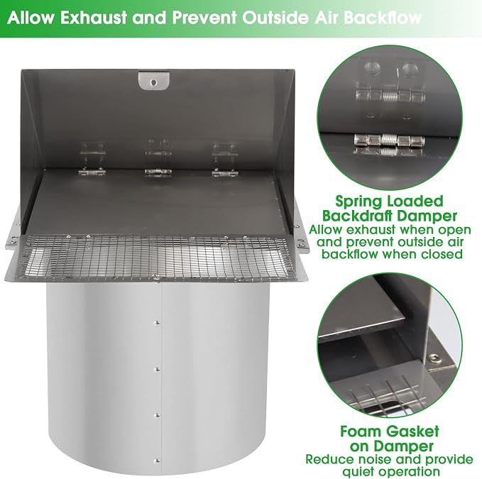 10 Inch Wall Vent Exhaust Vent Cover,Hooded Wall Vent with Screen and Damper,Outdoor Wall Exhaust Vent Cap Exterior Air Vent