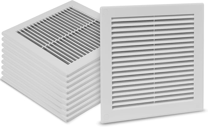 10-Pack 10" x 10" (Outer Size) Square Air Vent Cover – White Plastic Vent Deflector - Screen Mesh, Surface Mount