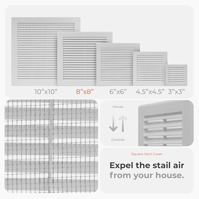 10-Pack 10" x 10" (Outer Size) Square Air Vent Cover – White Plastic Vent Deflector - Screen Mesh, Surface Mount, alternate