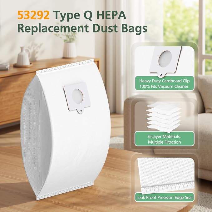 10 Pack 53292 Type Q/C HEPA Vacuum Bags for 53292 Canister Vacuum 81214, 81414, 81714, 21814, BC2005, BC3005, 81615