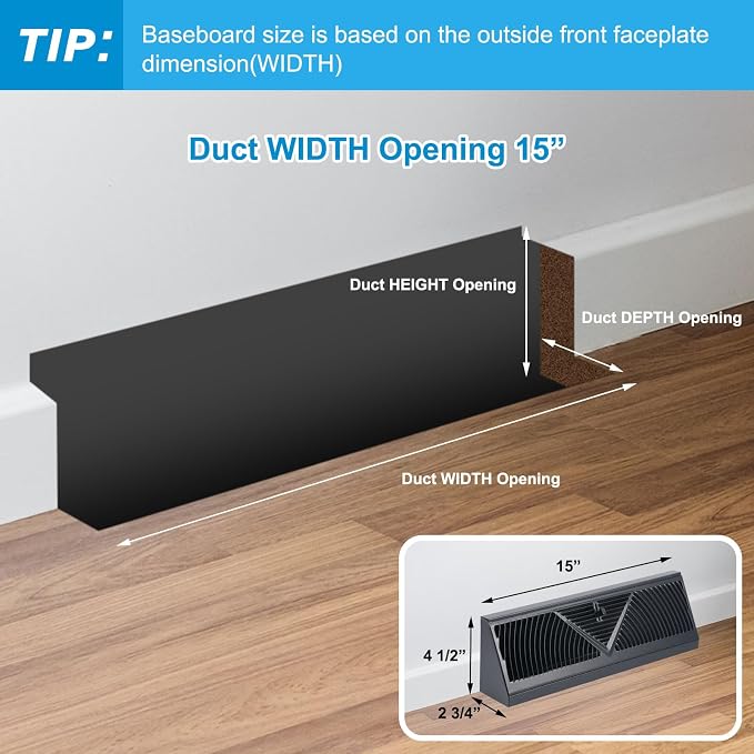 10 Pack Baseboard Register Vent 15 Inch Duct Opening Size Vent Covers for Home Floor Diffuser Wall Corner Black, alternate