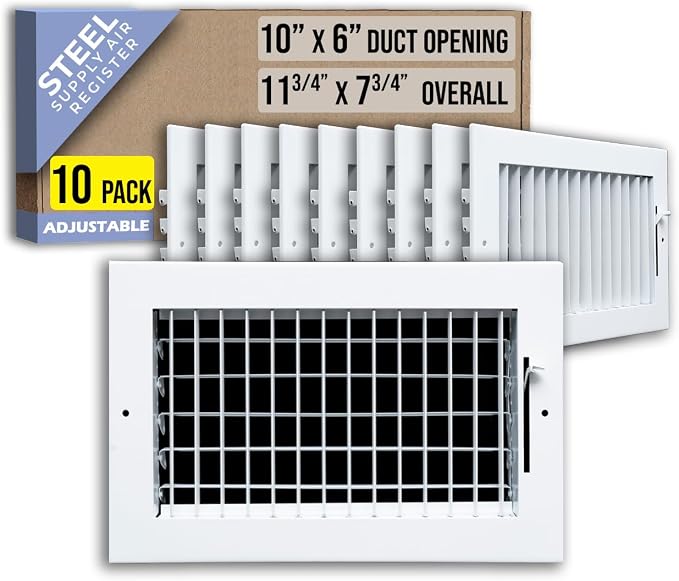 10 Pack] Fits 10x6 Duct Opening Steel Adjustable Air Supply Grille by | Register Vent Cover Grill for Sidewall and Ceiling |