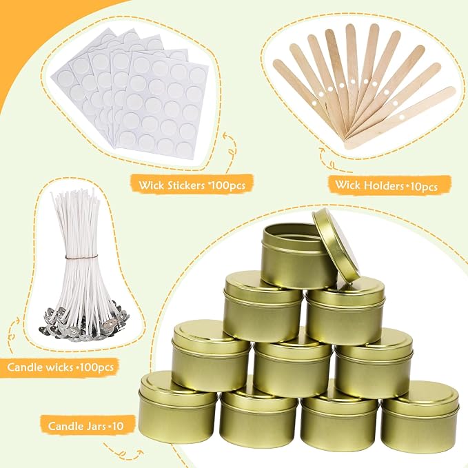 10 Packs 4 oz Candle Tins kit, Candle Making Tins, Candle Jars, 100pcs Candle Wicks, 100pcs Wick Stickers, Candle Containers