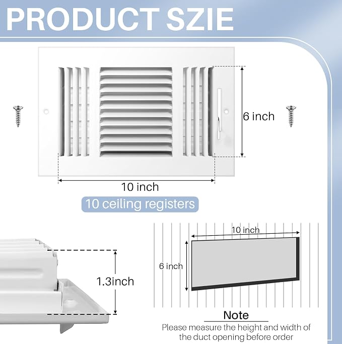 10 Pcs 6 x 10 Inch Air Ceiling Vent Covers 3 Way Sidewall Wall Ceiling Register Air Conditioner Vent Cover Solid Steel HVAC