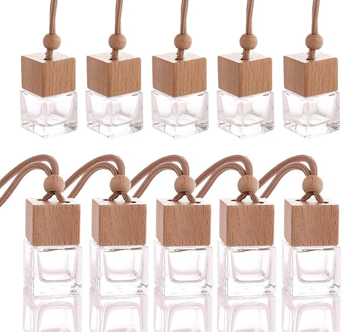 10 Pcs 8ml Car Air Freshener Ornament,Empty Clear Glass Essential Oil Diffuser Perfume Aromatherapy Pendant Vials with Wooden