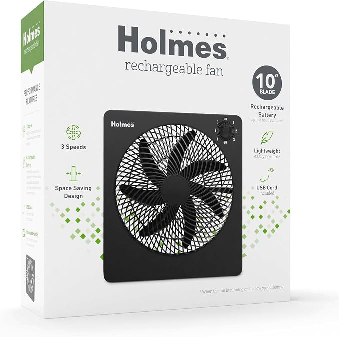 10" Personal Fan, Rechargeable Battery, 3 Speed Settings, Lightweight and Portable, USB Cable, Carrying Handle, Home and