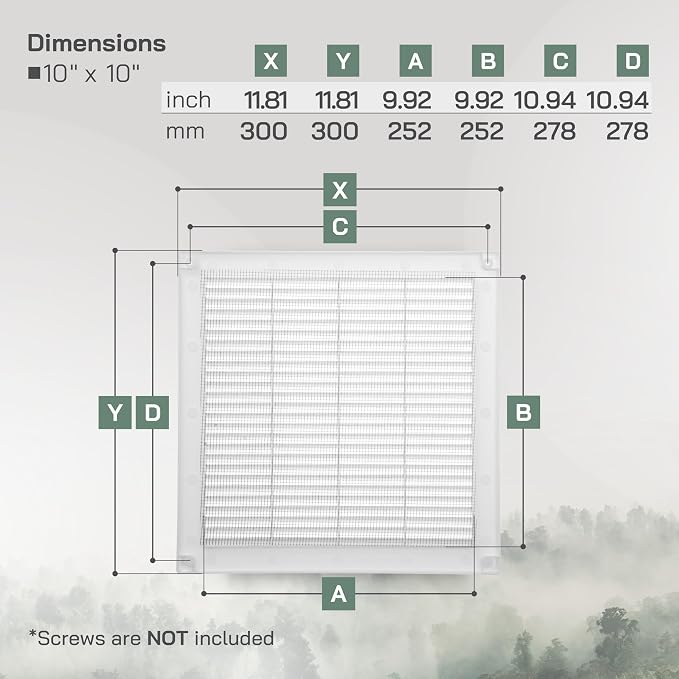 10" x 10" Inch (Opening Dimensions) Plastic White Soffit Vent Cover - Flat Square Air Vent Grille, alternate product view 2