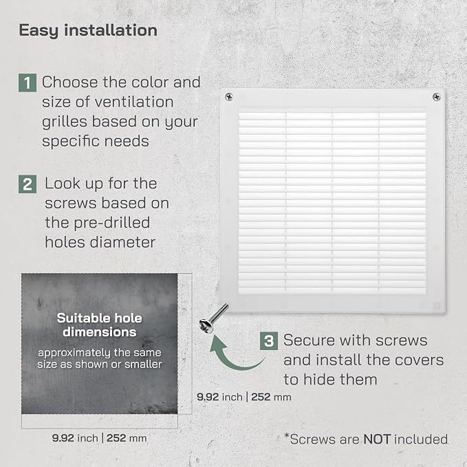 10" x 10" Inch (Opening Dimensions) Plastic White Soffit Vent Cover - Flat Square Air Vent Grille, alternate product view 4