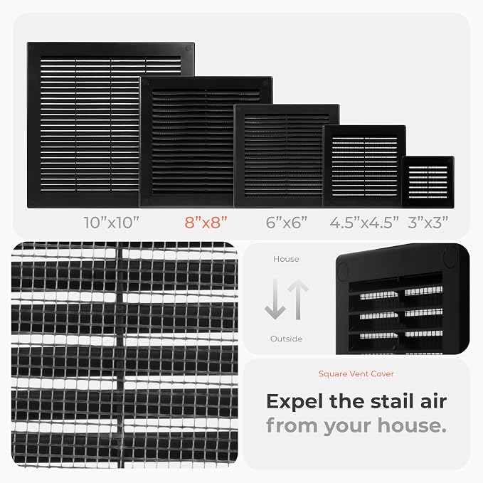 10" x 10" (Outer Size) Square Air Vent Cover – Black Plastic Vent Deflector - Screen Mesh, Surface Mount Wall, alternate view