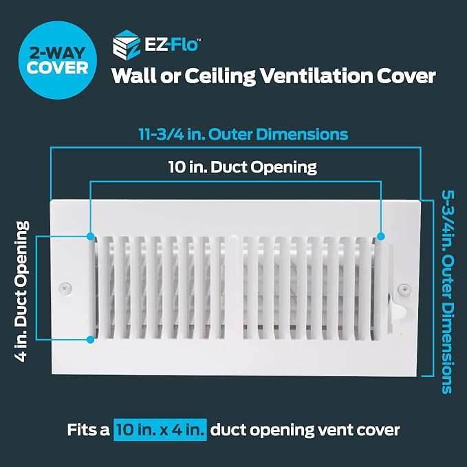 10 x 4 Inch (Duct Opening) Air Vent Cover for Wall or Ceiling, Two-Way Ventilation Register, Solid Steel HVAC, alternate view