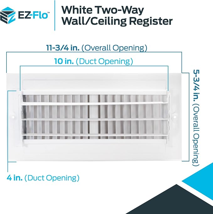 10 x 4 Inch (Duct Opening) Air Vent Cover for Wall or Ceiling, Two-Way Ventilation Register, Solid Steel HVAC, alternate view