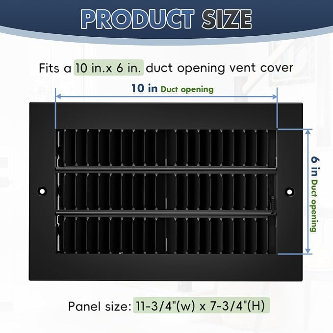 10 x 6 Inch (Duct Opening) 2-Way Vent Casing Black Sidewall and Ceiling Exhaust Covers, Rugged Solid Steel HVAC Covers, 2