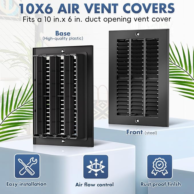 10 x 6 Inch (Duct Opening) 2-Way Vent Casing Black Sidewall and Ceiling Exhaust Covers, Rugged Solid Steel HVAC Covers, 2