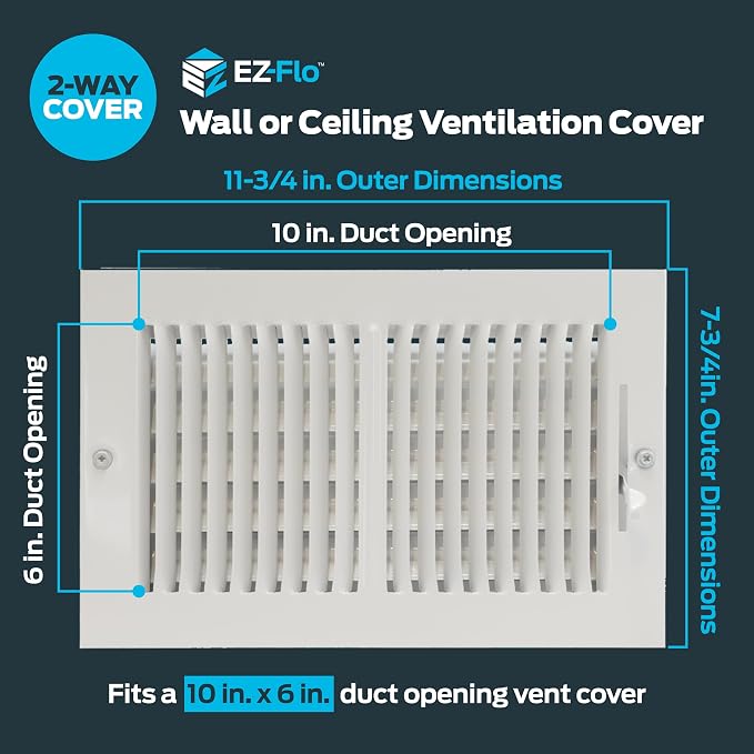 10 x 6 Inch (Duct Opening) Air Vent Cover for Wall or Ceiling, Two-Way Ventilation Register, Solid Steel HVAC, alternate view